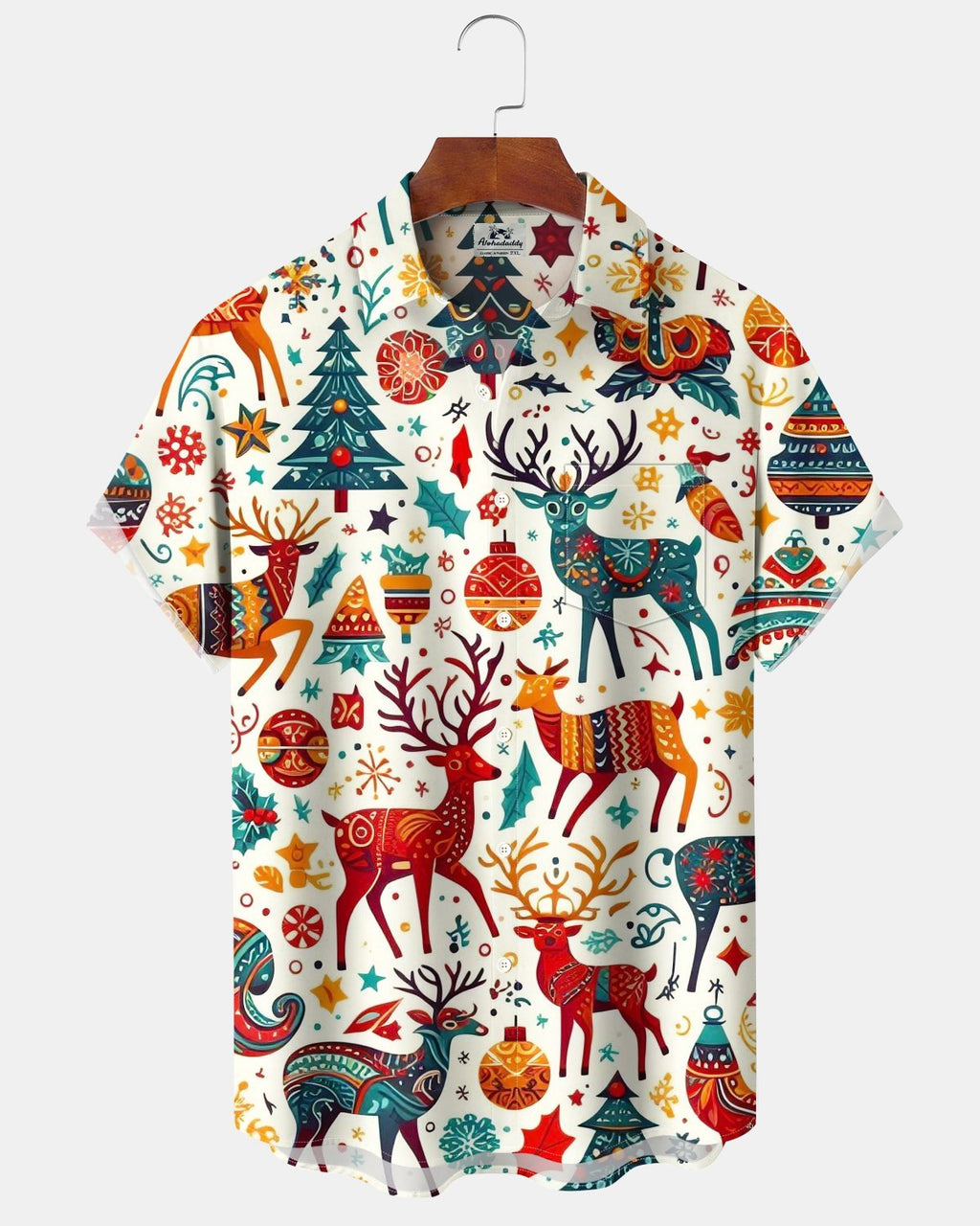 Holiday Christmas Reindeer and Christmas Tree Print Men's Short-Sleeve Shirt