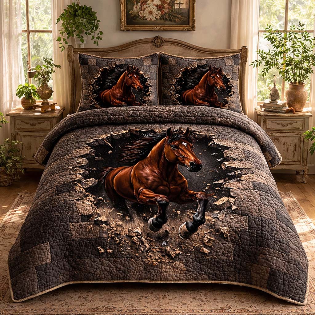 Thunder Run Horse 3-Piece Quilted Bedding Set GFTOHD13962