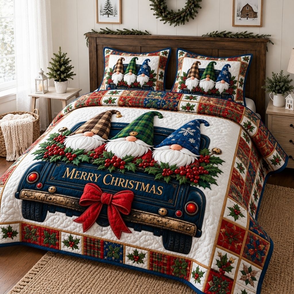 Christmas Gnomes Holiday 3-Piece Quilted Bedding Set GFTONPT229