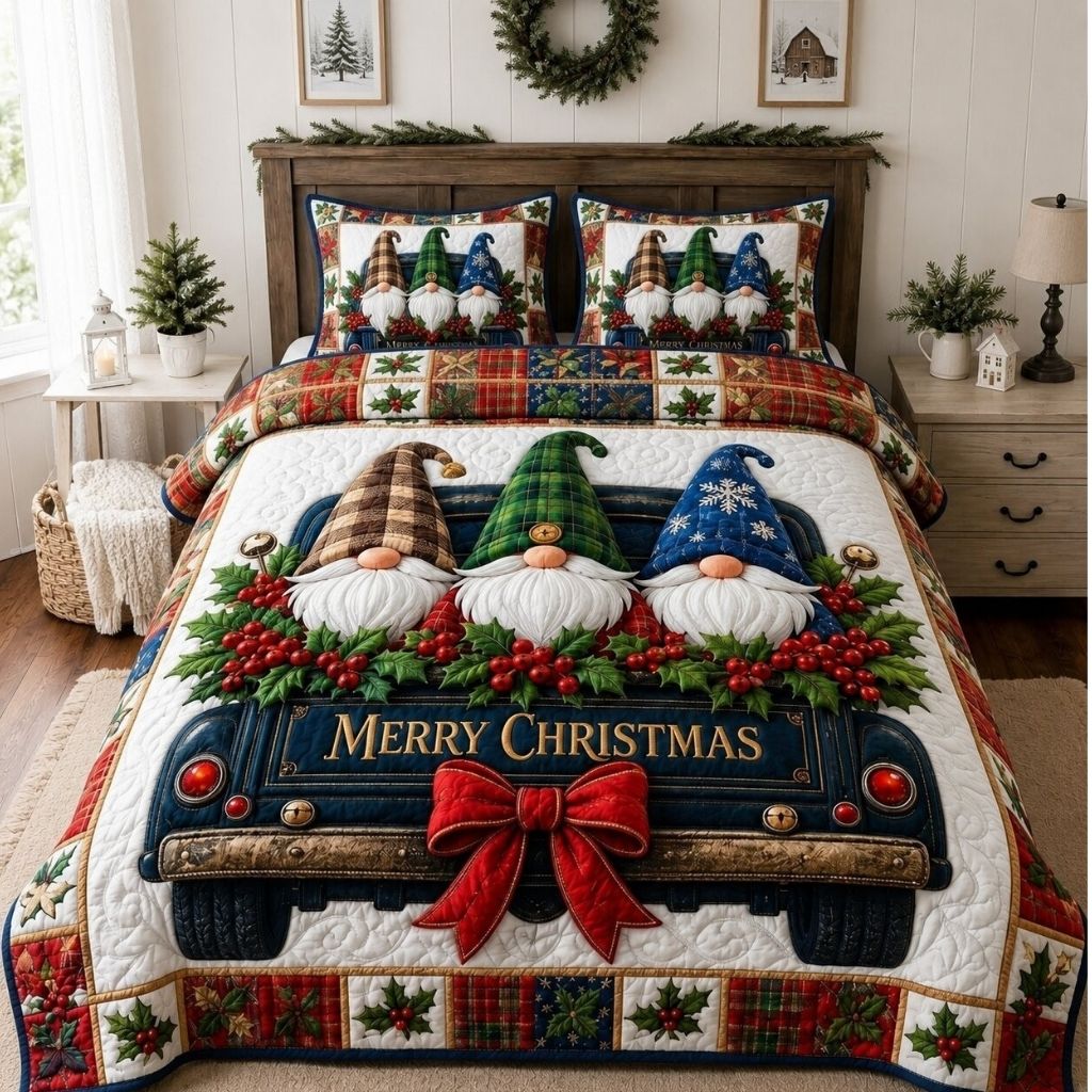 Christmas Gnomes Holiday 3-Piece Quilted Bedding Set GFTONPT229